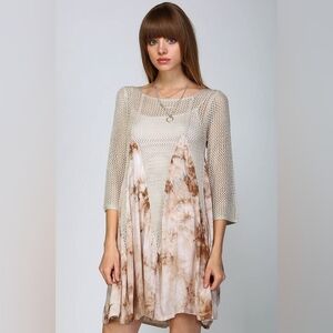 B-Sharp Cream Brown Open Knit Flowy Tie Die Boho Festival 3/4 Sleeve Shirt Sz M